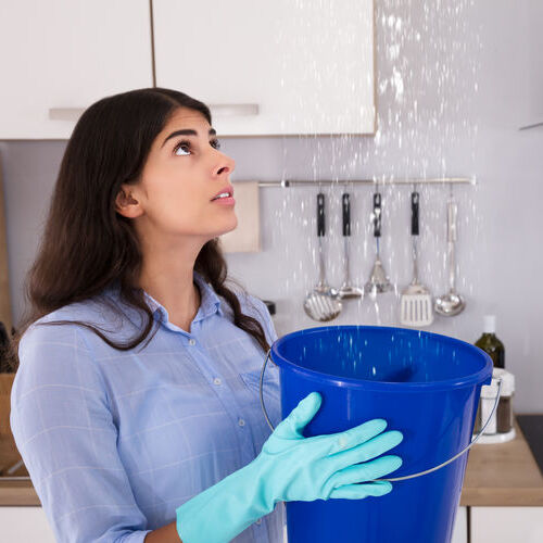 Woman Holds Bucket While Water Droplets Leak From Ceiling In Kitchen.